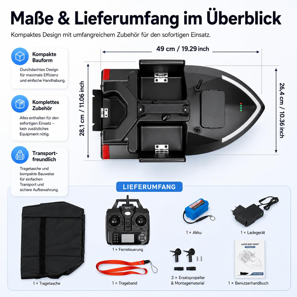 500M RC Köderboot ABS Angelköder Boot Fernbedienung Futterboot mit GPS 3 Köderboxen Fischköder Boot Angeln Futterboot mit Suchscheinwerfer & 12000mAh Batterie (Schwarz)