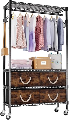 Perchero con cajones con ruedas resistentes para colgar ropa con 4 cajones de tela ajustables con ganchos laterales dobles para armario,