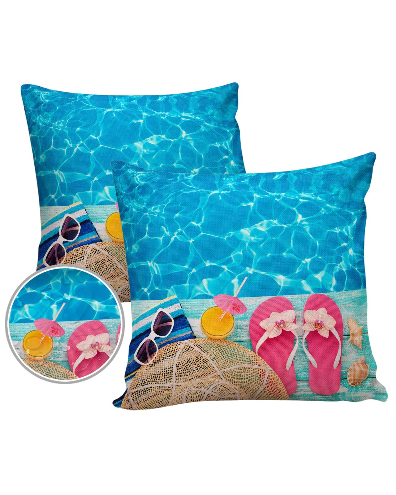 Waterproof Throw Pillow Covers, Summer Swimming Pool Flip Flops Sunglass Sun Hat Conch Juice Blue Decorative Pillowcase Soft Cushion Case for Patio Couch Tent Balcony, Set of 2 Square, 16"X16"