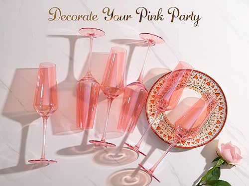 Miniatura 7 de Physkoa Copas de champán rosa  Copas de champán cónicas con color rosa, juego de 6 copas de champán de cristal sin plomo para boda, compromiso,