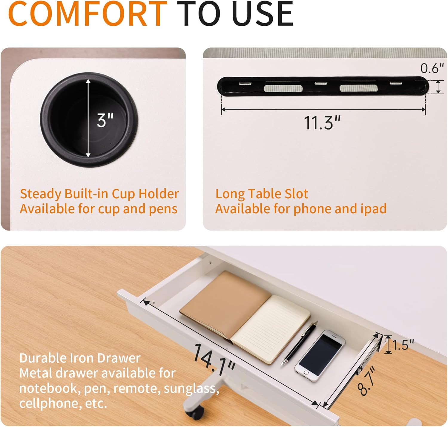 Height Adjustable Overbed Table with Drawer and Wheels, Rolling Standing Laptop Desk, Portable Bedside Tables with Slot, Cup Holder, Mobile Pneumatic Computer Cart, White