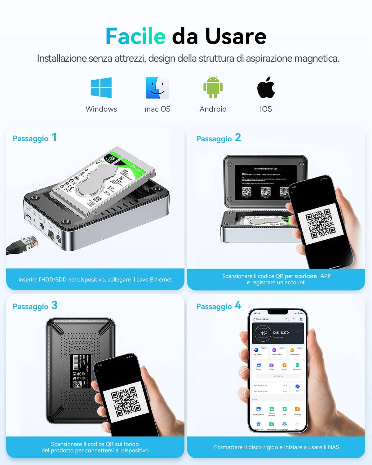 Yottamaster Enclosure Server NAS per 2.5" HDD/SSD SATA, Connessione APP Archiviazione di Rete NAS, Backup Automatico, Crittografia SDVN, Copertura Magnetica, Installazione Senza Strumenti(Senza Disco)