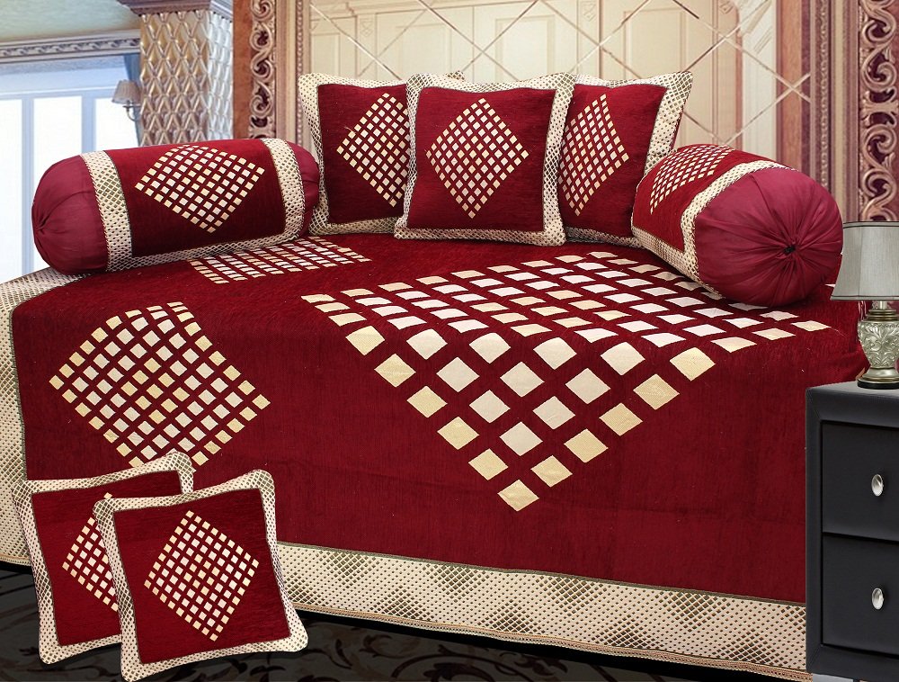 TIB 500 TC Chenille Velvet Geometric Diwan Set (Set of 8), Red-image-9