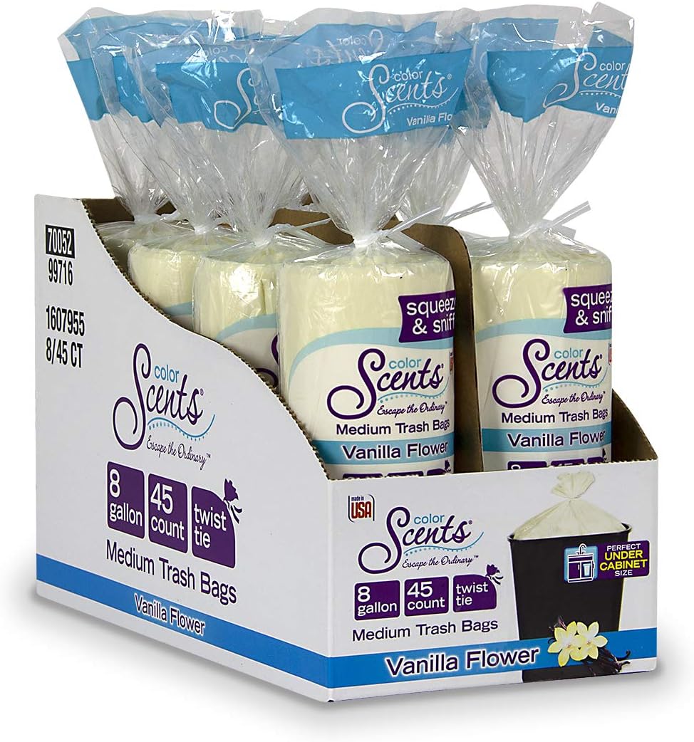 Color Scents Medium Trash Bags - 8 Gallon, 360 Total Bags (8 Packs of 45 Count), Twist Tie - Cream bag in Vanilla Flower Scent with Microban