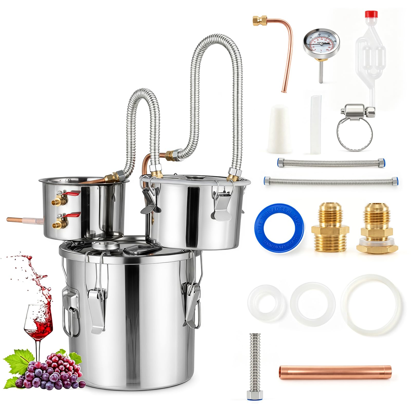 COSTWAY 3 Pot Moonshine Still Distiller, 13L 3Gal Stainless Steel Water Alcohol Distiller with Copper Tube, Built-in Thermometer & Thumper Keg, Wine Spirits Boiler Making Kit (13L 3Gal)