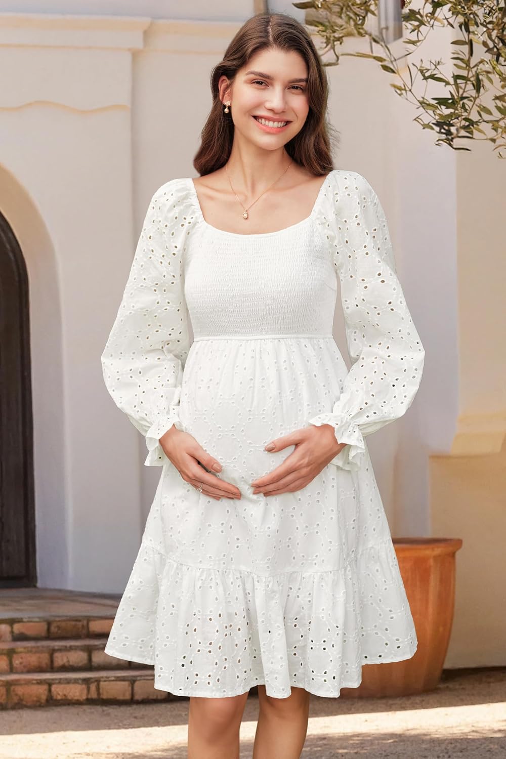 OUGES Women's 100% Cotton Baby Shower Maternity Dress Square Neck Hollow Out Eyelet Smocked Tiered Midi Dresses 2026