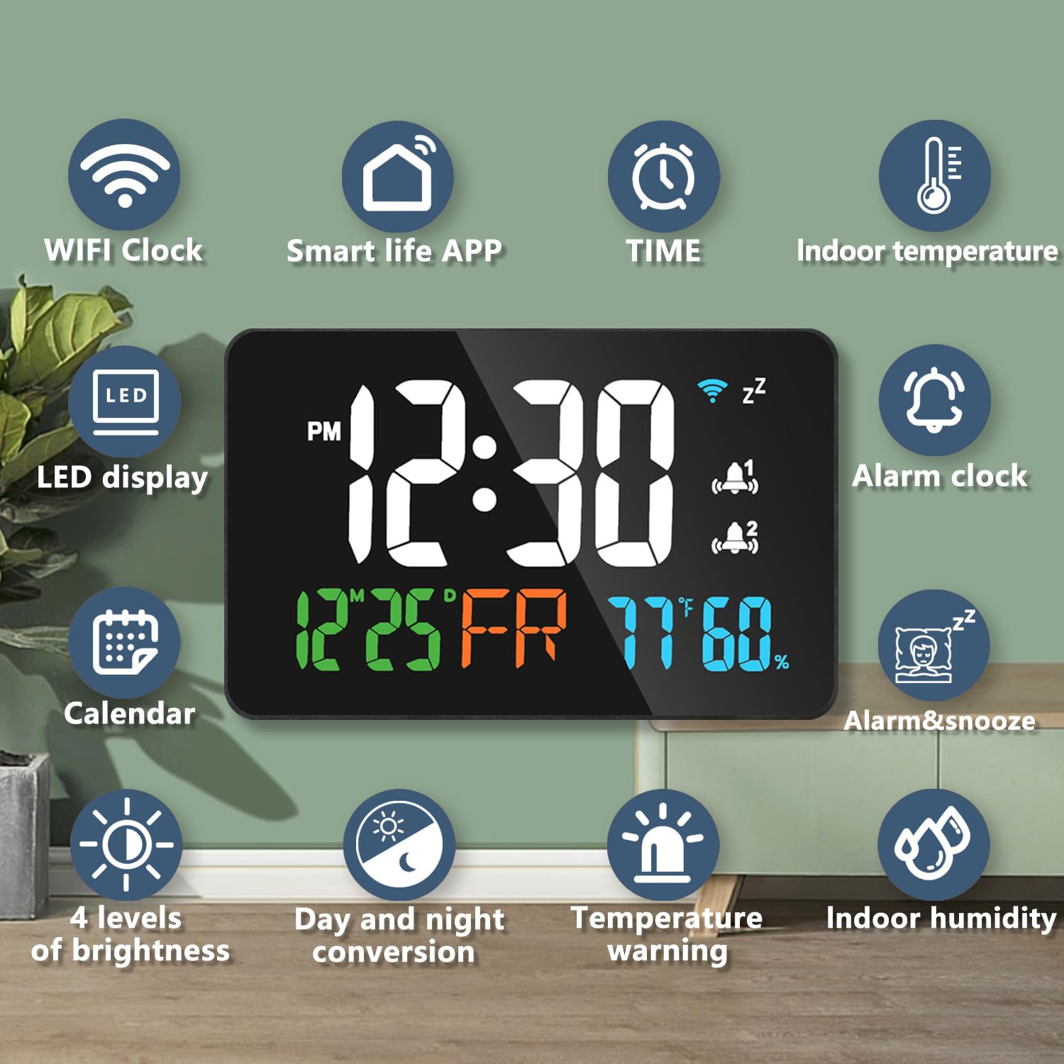 Reloj despertador Wifi con termómetro higrómetro inteligente, calendario digital, pantalla LED transparente para dormitorio cabecero (BLUE)