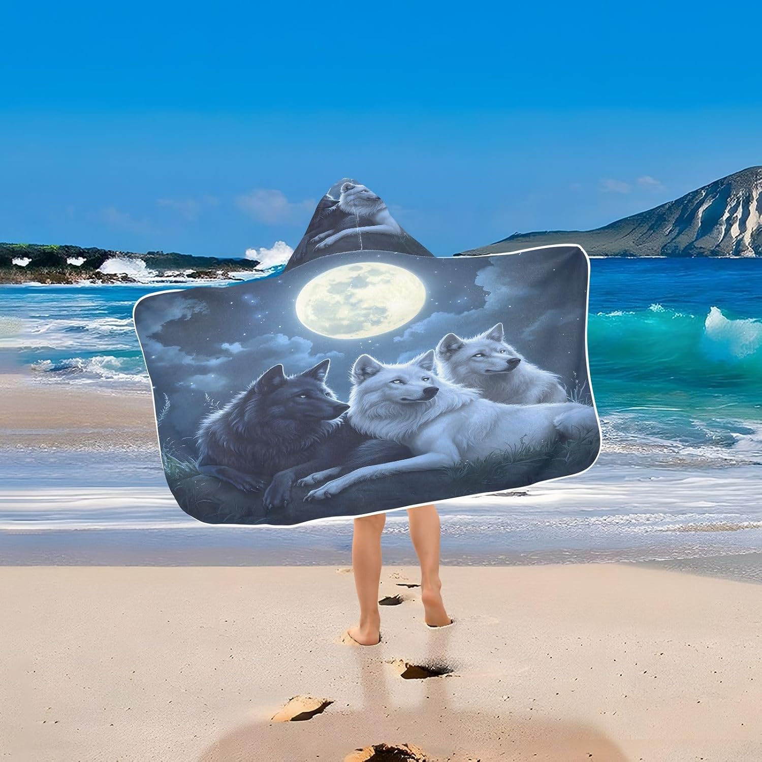 Animal Wolf Moonlight Stars Kids Bath Towels Hooded Poncho, 50x23.5in Quick Dry Beach Towels for Boys Girls Toddlers, Soft Absorbent Baby Bath & Hooded Towels Cape for Swimming Bathroom