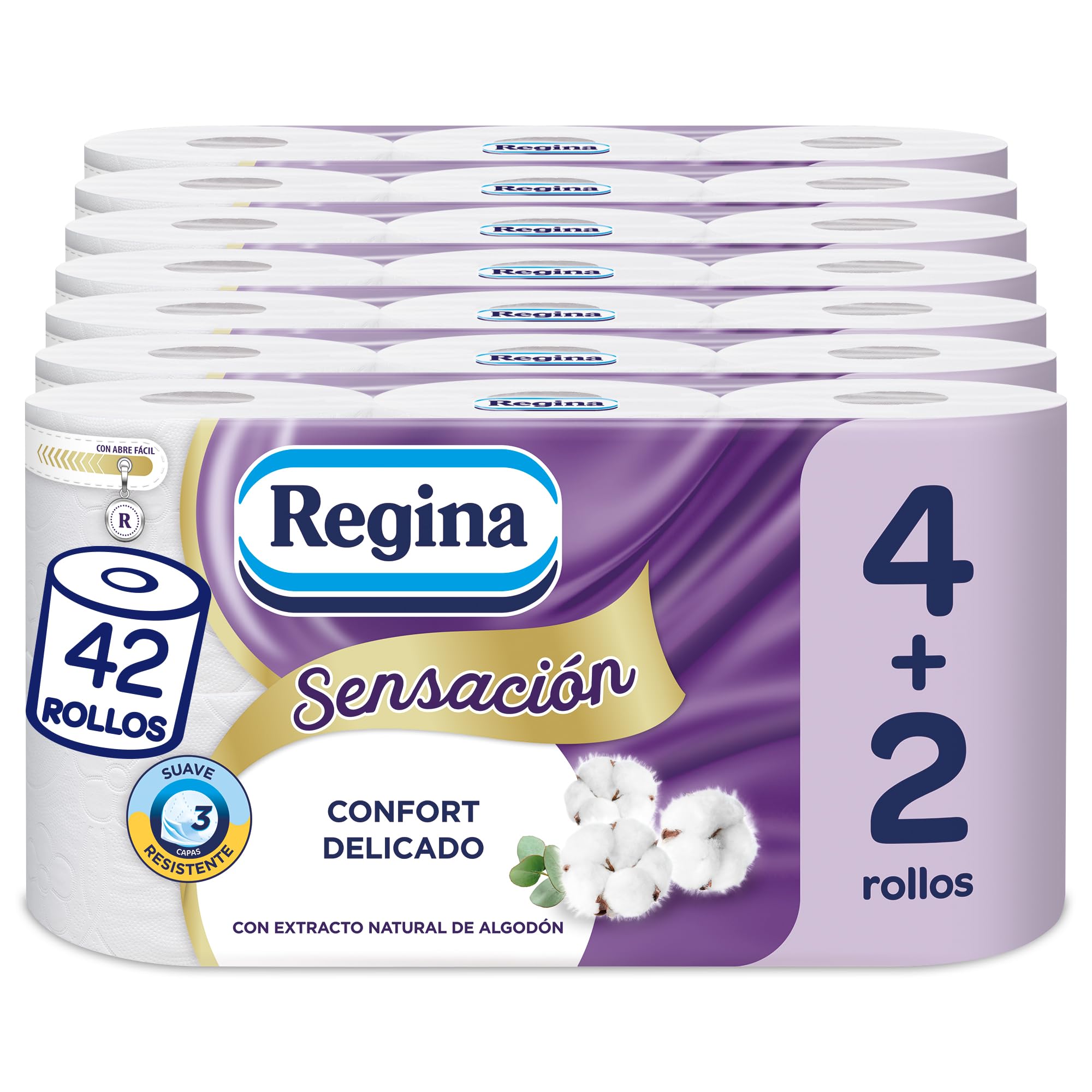 Regina Sensazione - 42 rotoli di carta igienica, 175 fogli a triplo strato, estratto naturale di cotone e delicatamente profumato, confezione in plastica riciclata al 60%, carta 100% certificata FSC