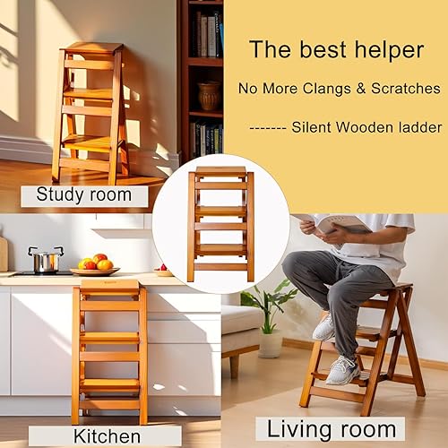 Miniatura 4 de Latifolia Escalera plegable de 3 escalones, taburete de madera con protector de suelo, estante decorativo para sala de estar, cocina, jardín (nogal)