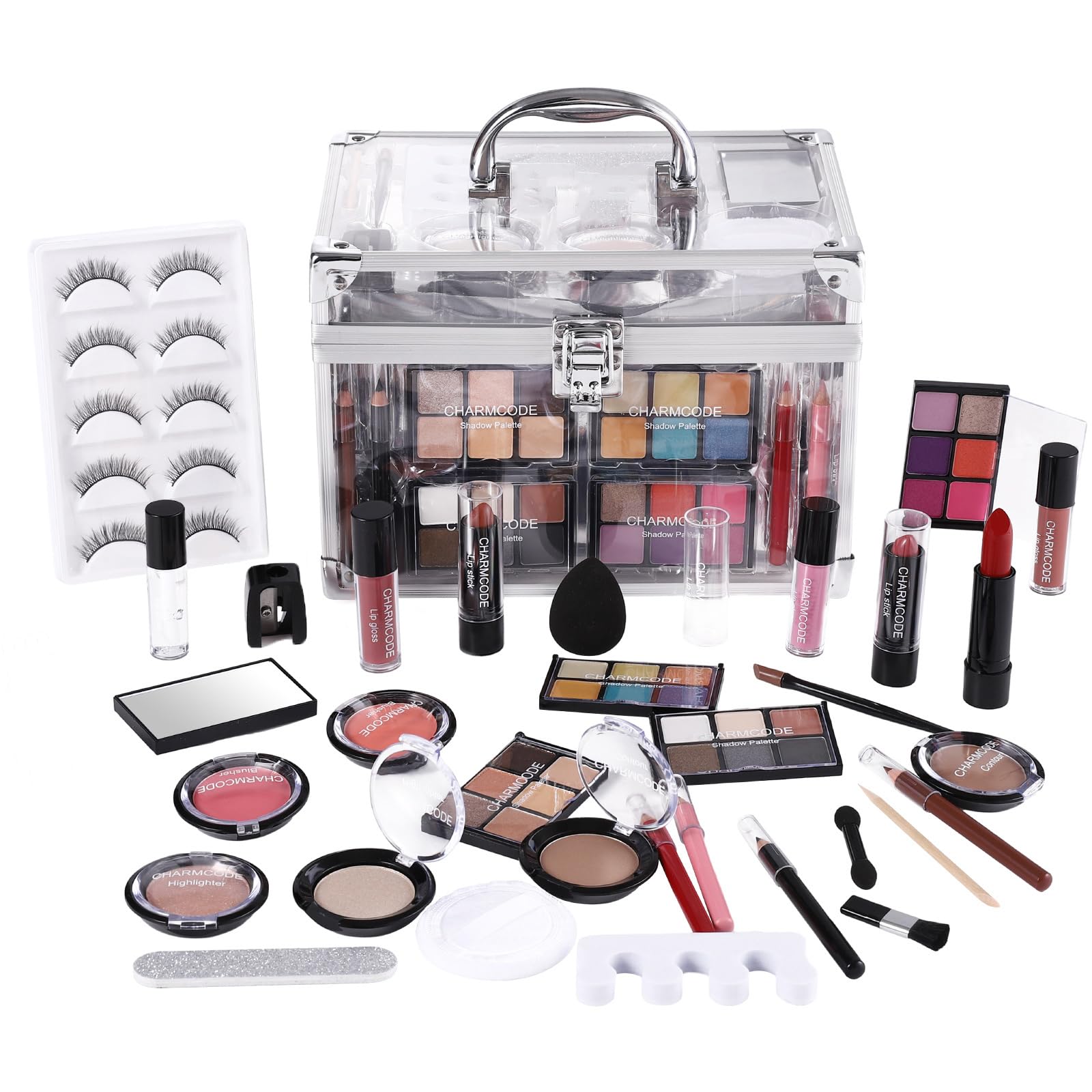 Makeup Kit for Women Full Kit, Eyeshadow, Lipsticks, Lipgloss, Blushes, Contour, Highlighters, Makeup Pencil, False Eyelashes Re-usable Train Case Gift Set for Teen Girls Starters…