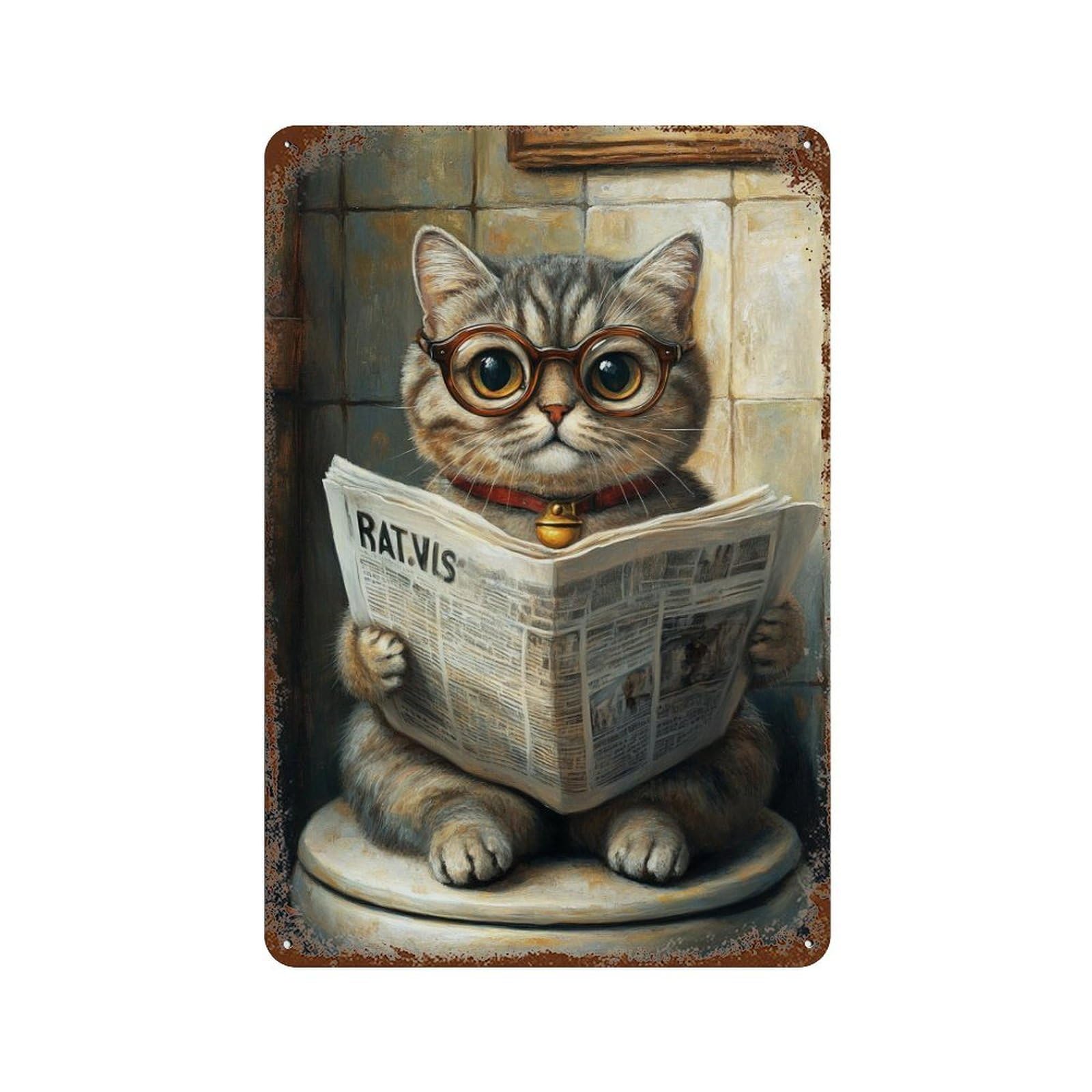Distressed Metal Wall Sign Curious Cat Reading Newspaper-2 11.8"x7.9", Vintage Wall Decor for Cafe, Home Bar And Lounge Decor