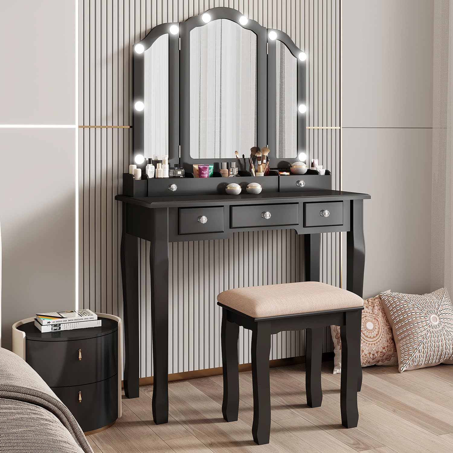Vanity Desk with Mirror and Lights Makeup Vanity with Lights Table with Light Makeup Vanity with Drawers Black Girls Vanity Set with Mirror and Stool