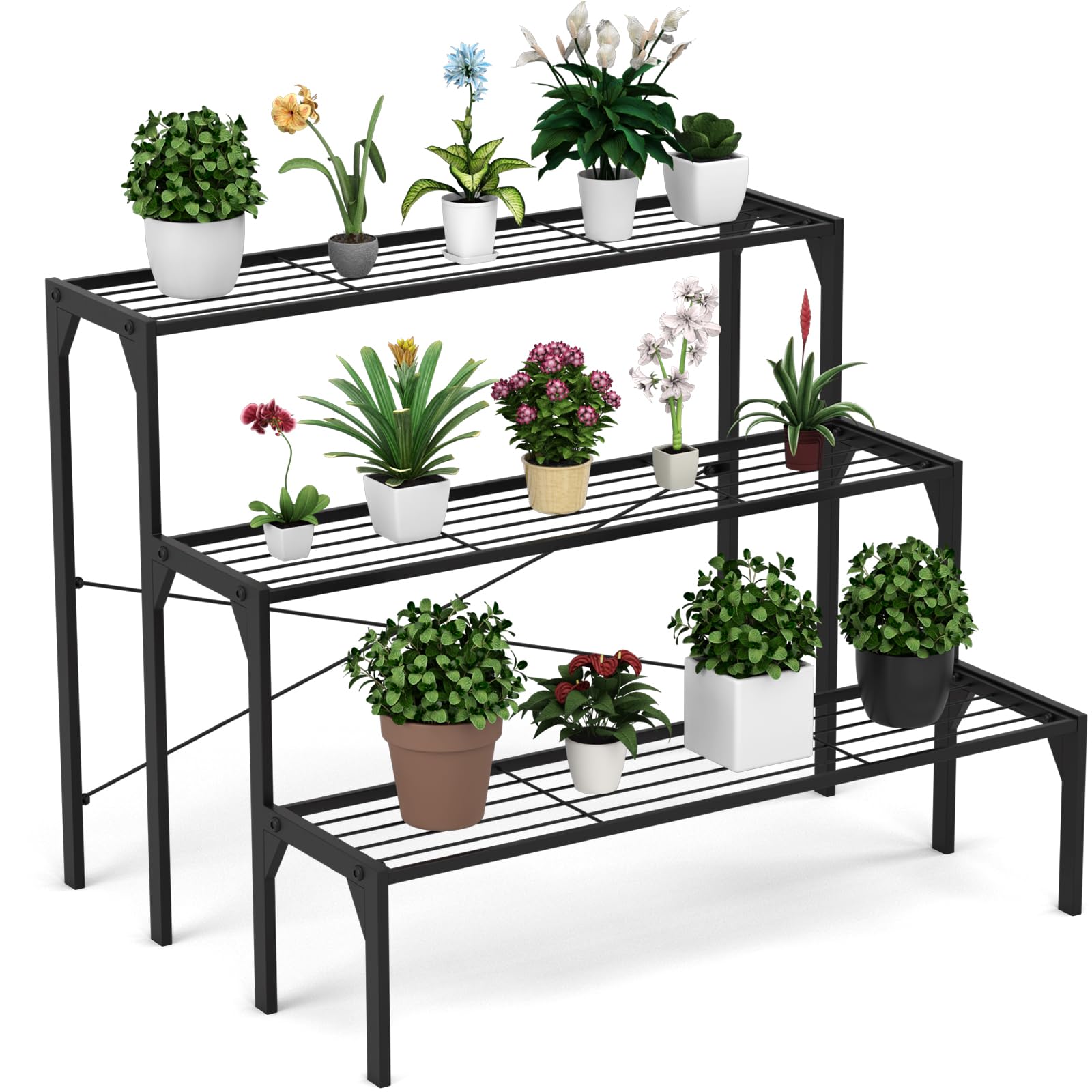 Étagère pour plantes à échelle en métal, porte-fleurs, support multi-usage et robuste pour fleurs à 3 niveaux, piédestal pour plantes de balcon, jardin, noir (86,4 x 66 x 66 cm)