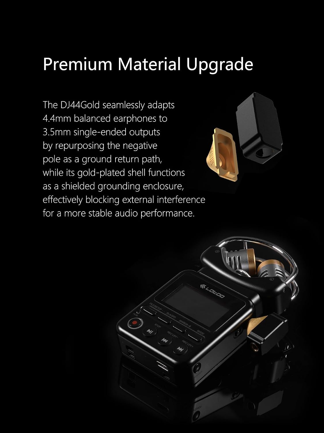ddHiFi DJ44Gold Audio Adapter 4.4mm Balanced Female Earphones to 3.5mm Male Single-Ended Outputs Adapter (Black Gold Edition)