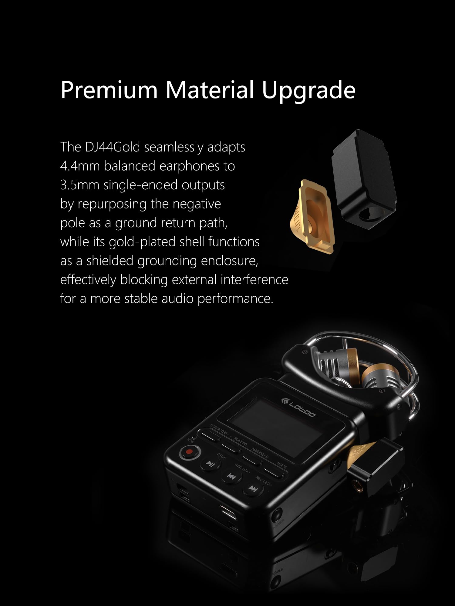 dd HiFi DJ44Gold - Adaptador de audio de 4,4 mm equilibrado para auriculares hembra a adaptador de salida macho de 3,5 mm (edición dorada negra)