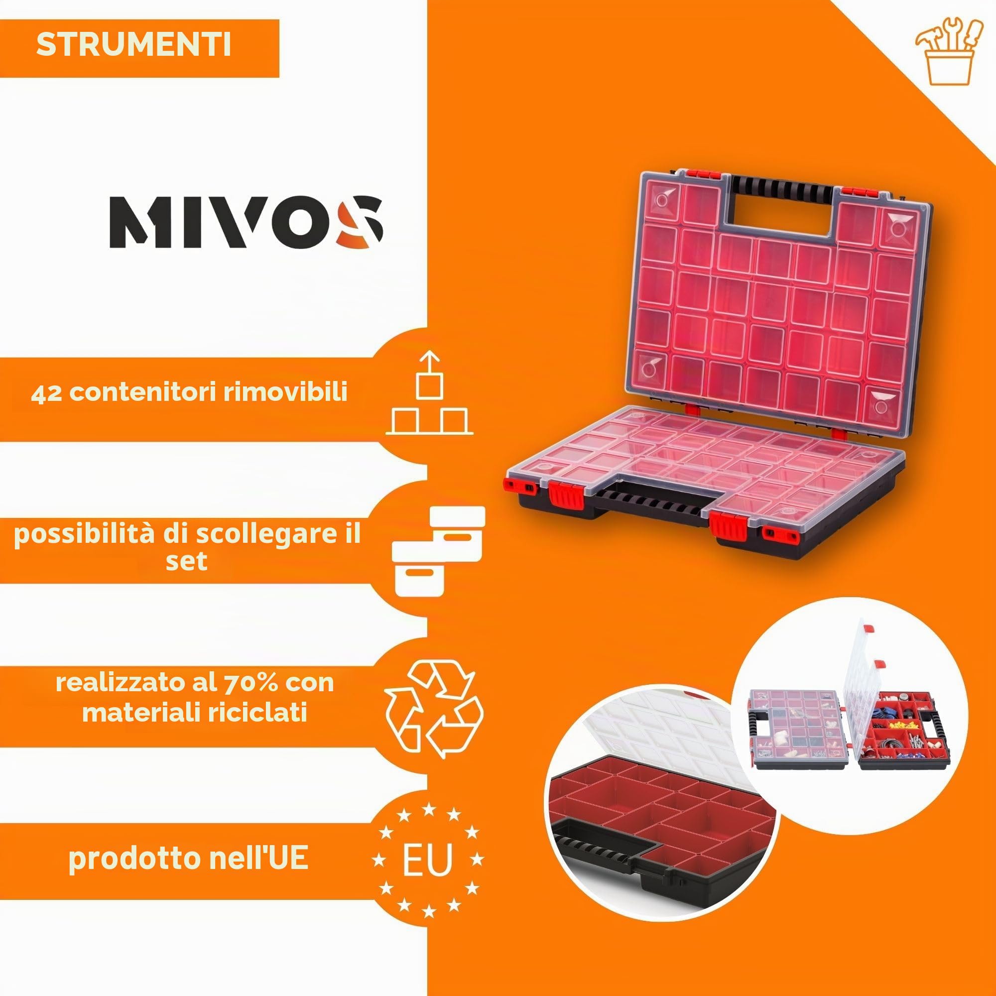 Mivos Scatola di Assortimento Su Entrambi i Lati, 399 x 303 x 100 mm, Con 42 Scomparti per Piccole Parti, Robusta per Viti e Accessori, Ideale per Officina - Made in EU
