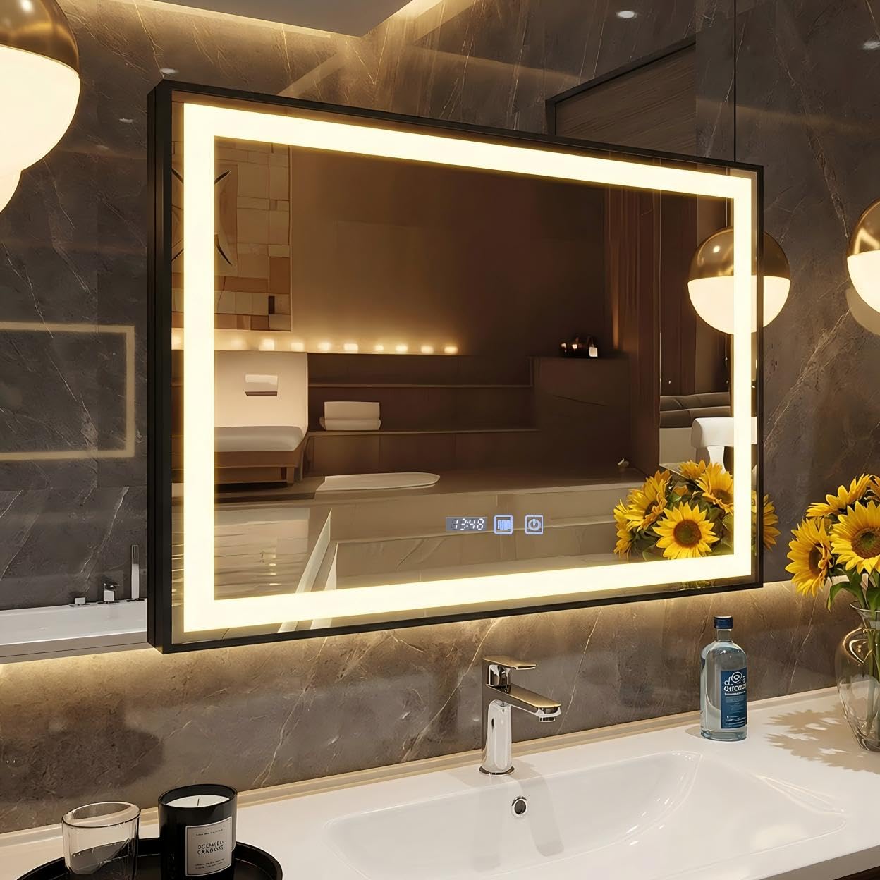 YU YUSING Badspiegel mit Beleuchtung 70x50cm Badezimmerspiegel LED Mit Uhr | Beschlagfrei, 3 Lichtfarbe Dimmbar, Wandspiegel Metallrahmen mit Touch-Schalter, LED Spiegel mit IP44, Vertikale Schwarz