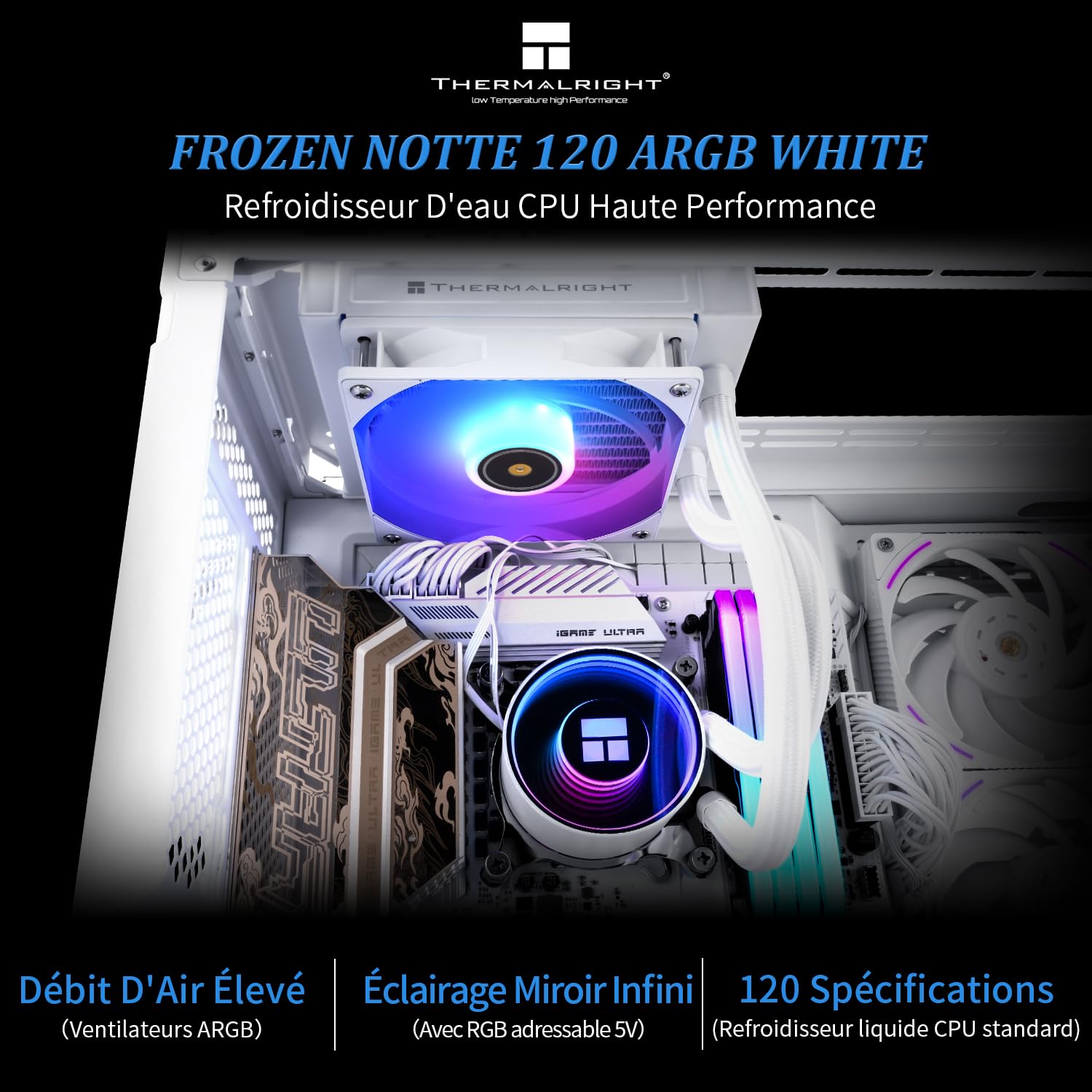 Thermalright Frozen Notte 120 ARGB White Liquid CPU Cooler 120 mm PWM Ventola con velocità ARGB-Up 2000RPM, per AMD/AM4/AM5, Intel LGA1150/1151/1200/1700/1851, bianco