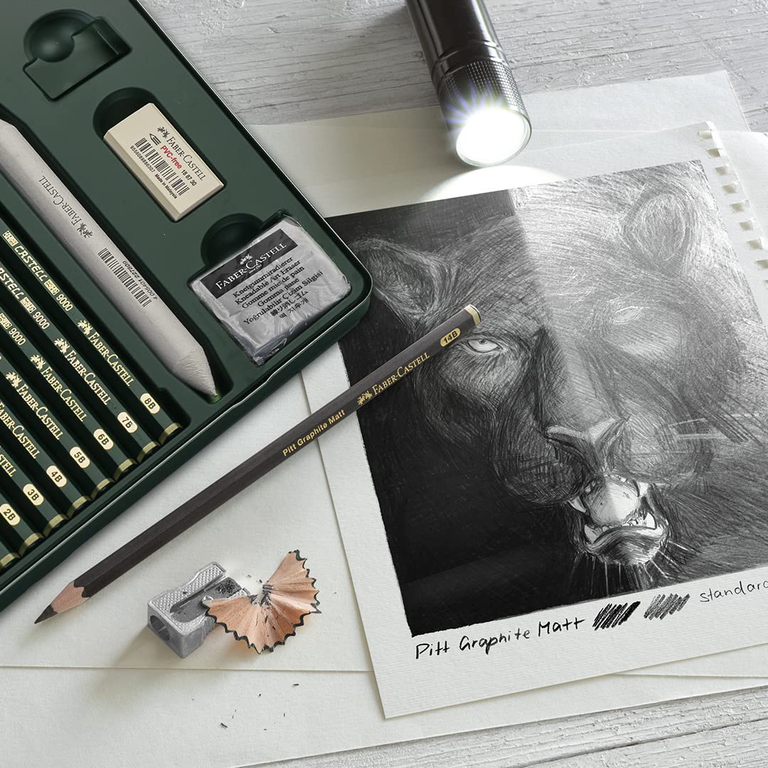 Faber-Castell 116490 - Buntstifte Black Edition, 100er Metalletui & 115224 - Bleistifte Set Pitt Graphite Matt & Castell 9000, 20-teilig, inkl. Papierwischer, Radierer, Knetradierer und Spitzer