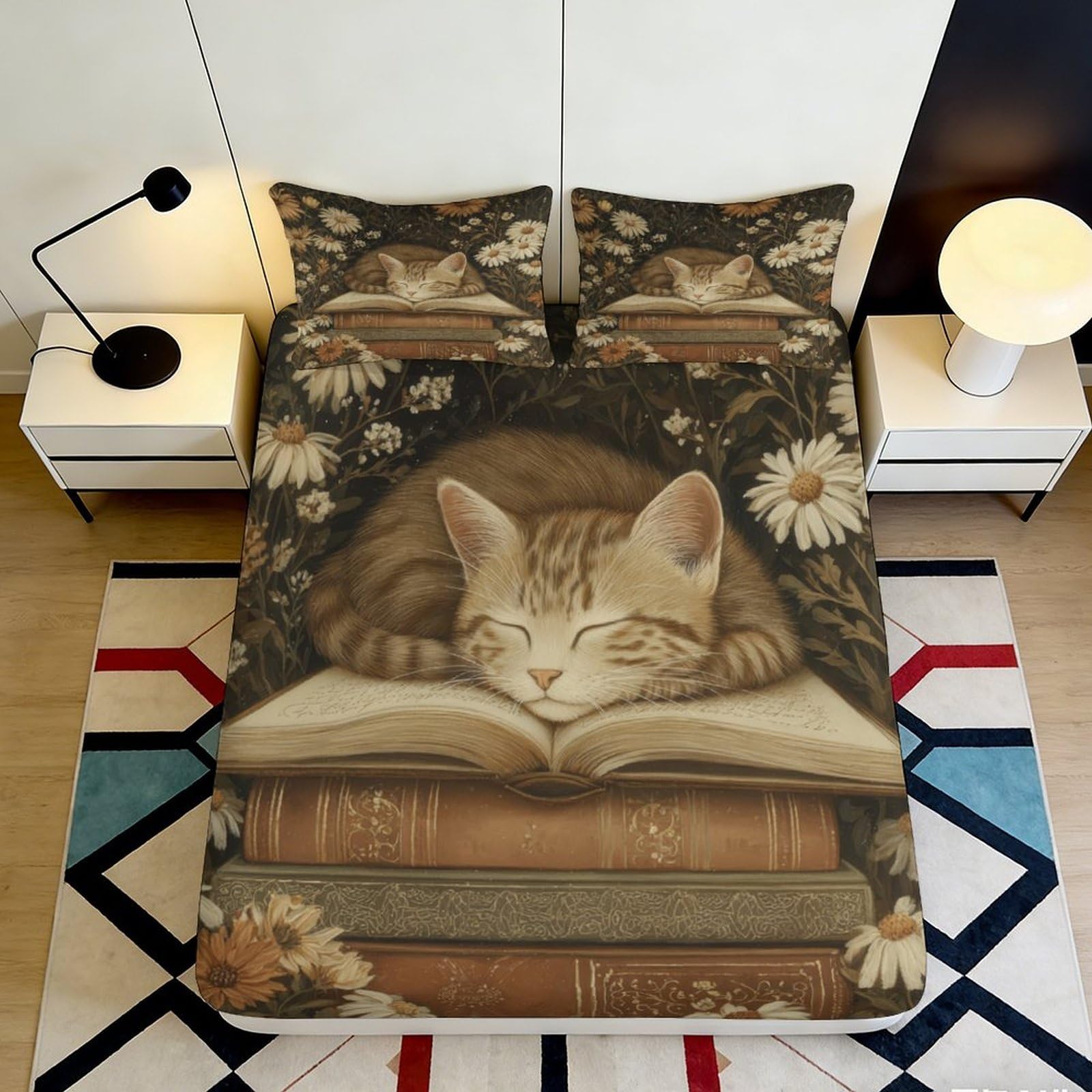 3D Printed soft touch Cat Fitted Sheet, Microfiber, wrinkle resistant, Bed Cover for master bedroom, apartment bedding, mattress protection, easy care, brown flower design, 117 90x200x25cm