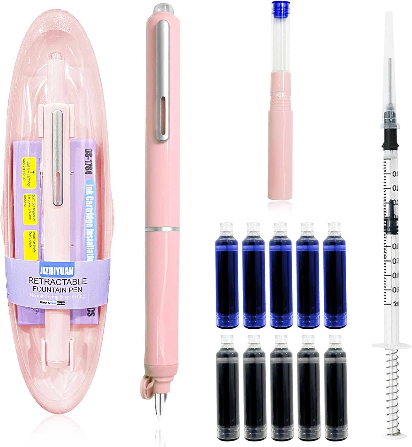 JIZHIYUAN Retractable Fountain Pen Fine Nib Set for Calligraphy Journaling Sketching Includes 5 Black& 5 Blue Ink Cartridges, Stickey Notes, Index Tabs, Ink Syringe, Gifts for Women