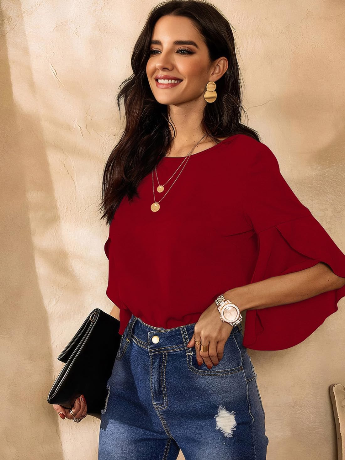 Womens Ruffle 3/4 Length Sleeve Tops 2026 Trendy Summer Dressy Casual Chiffon Blouses Loose Fit Work Shirts - Image 3