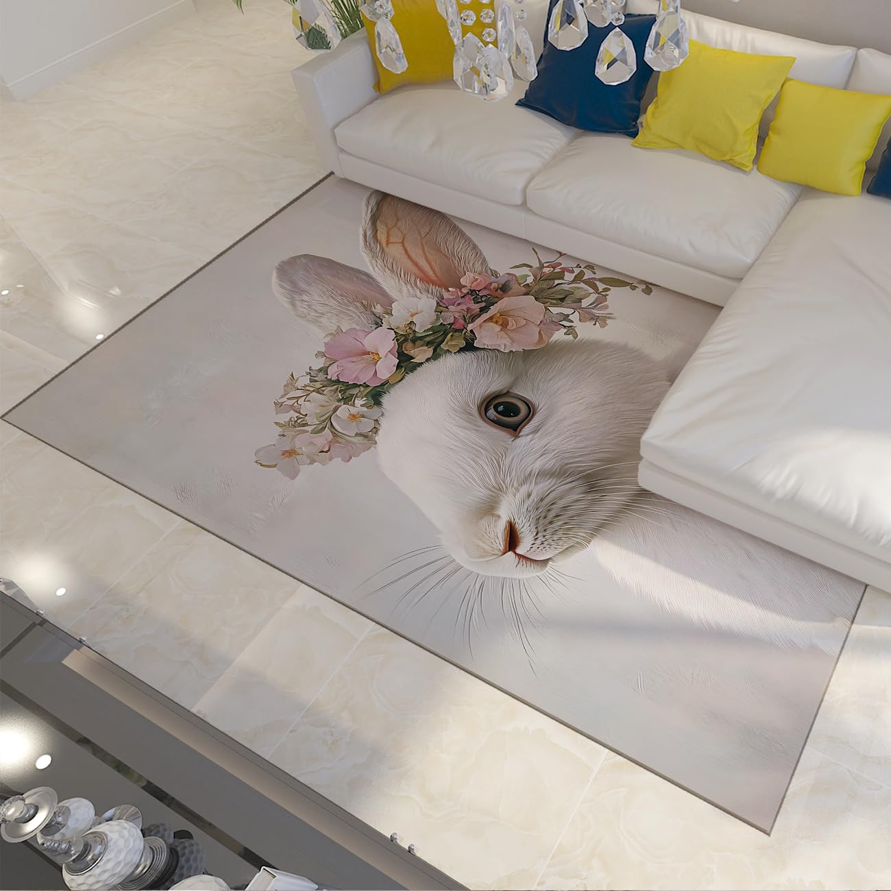 Tapis fin lavable motif bunny printemps blanc antidérapant 80x150 cm