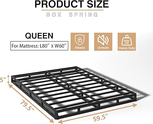 Miniatura 2 de Somier de 5 pulgadas para cama Queen, base de colchón de metal resistente, capacidad de 3000 libras, perfil bajo, sin ruido, fácil montaje con funda