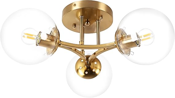 Bagood Mid Century Modern Ceiling Light Clear Globe Semi Flush Mount Ceiling Light Gold Sputnik Light Fixture Chandeliers Clear Glass Brushed Brass Chandeliers Living Room Dining Room Bedroom 3 Lights