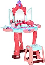 AIYAPLAY Dressing Table for Girls with Stool, Mirror, Lights and Accessories, Makeup Table in PP and GPPS, 57 x 34 x 76 cm, Blue Pink and Red