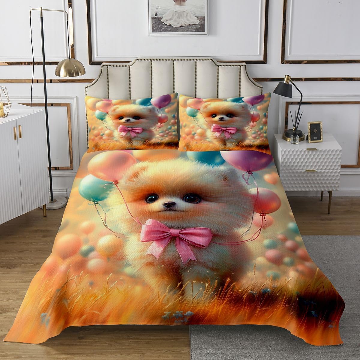 Erosebridal Cute Pomeranian Dog Quilt Set Queen Lovely Puppy Dog Coverlet Set,Pet Animal with Dreamy Bowknot Bedspreads Kawaii Ballons Bedding Sets Bedroom Decor