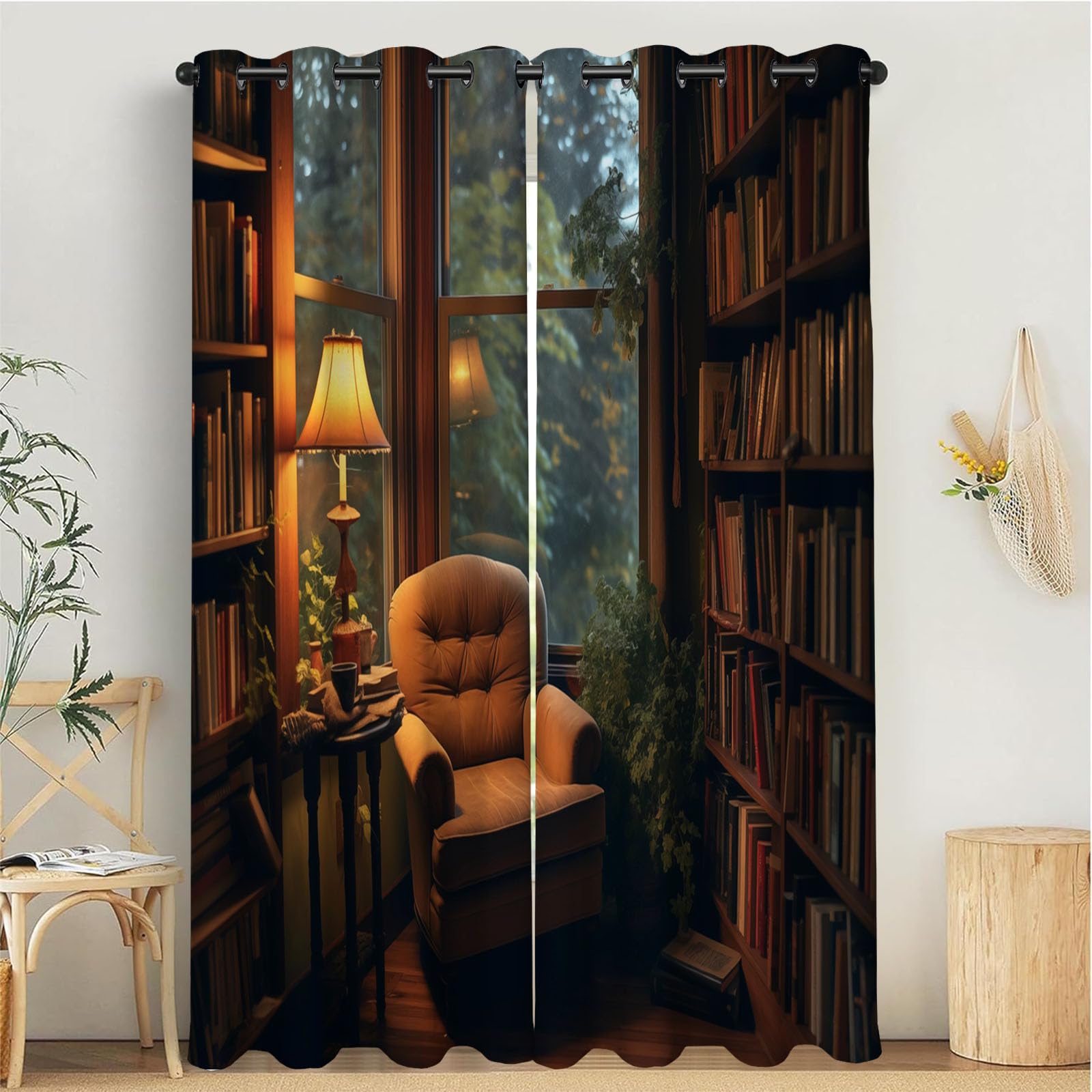 Rideaux occultants vintage bibliothèque pour un salon chic | 132x213cm
