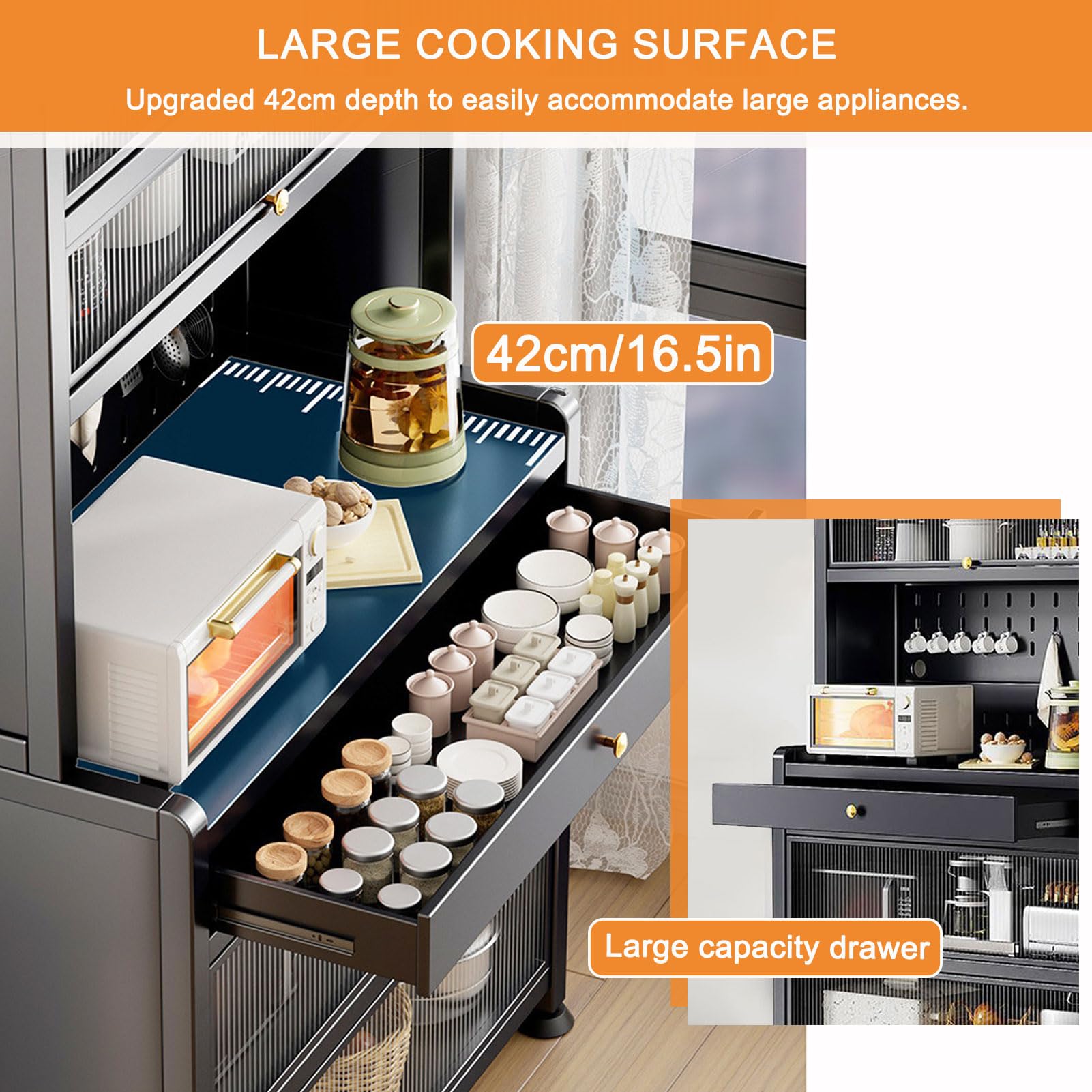 Armadietto moderno alto con supporto per microonde e cassetto, autoportante, con porte per cavi e ganci, elegante organizer per cucina e sala da pranzo, nero, 80 x 172 cm