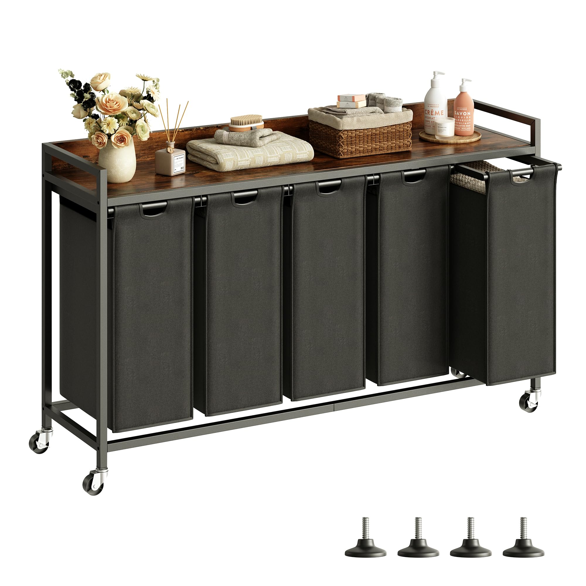 Herture Laundry Hamper with Shelf, Laundry Basket 5 Section, Laundry Sorter with Pull-Out Removable Large Bags and Movable Wheels, Metal Frame, 5 x 15.87 Gallons (60L), Rustic Brown + Blck PF08XLY