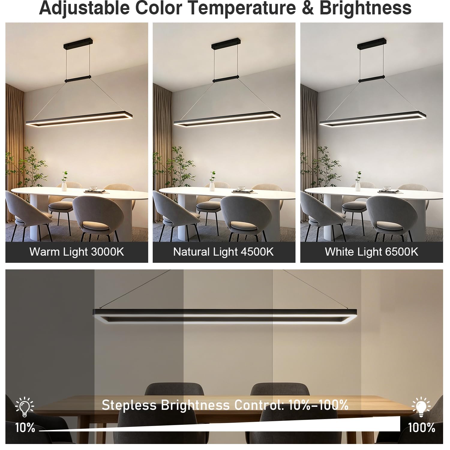 120 cm nowoczesna lampa wisząca LED, 52W czarny żyrandol sufitowy | Prostokątna lampa wisząca z pilotem zdalnego sterowania i pamięcią, regulacja czasu, wysokość do jadalni, kuchni, biura