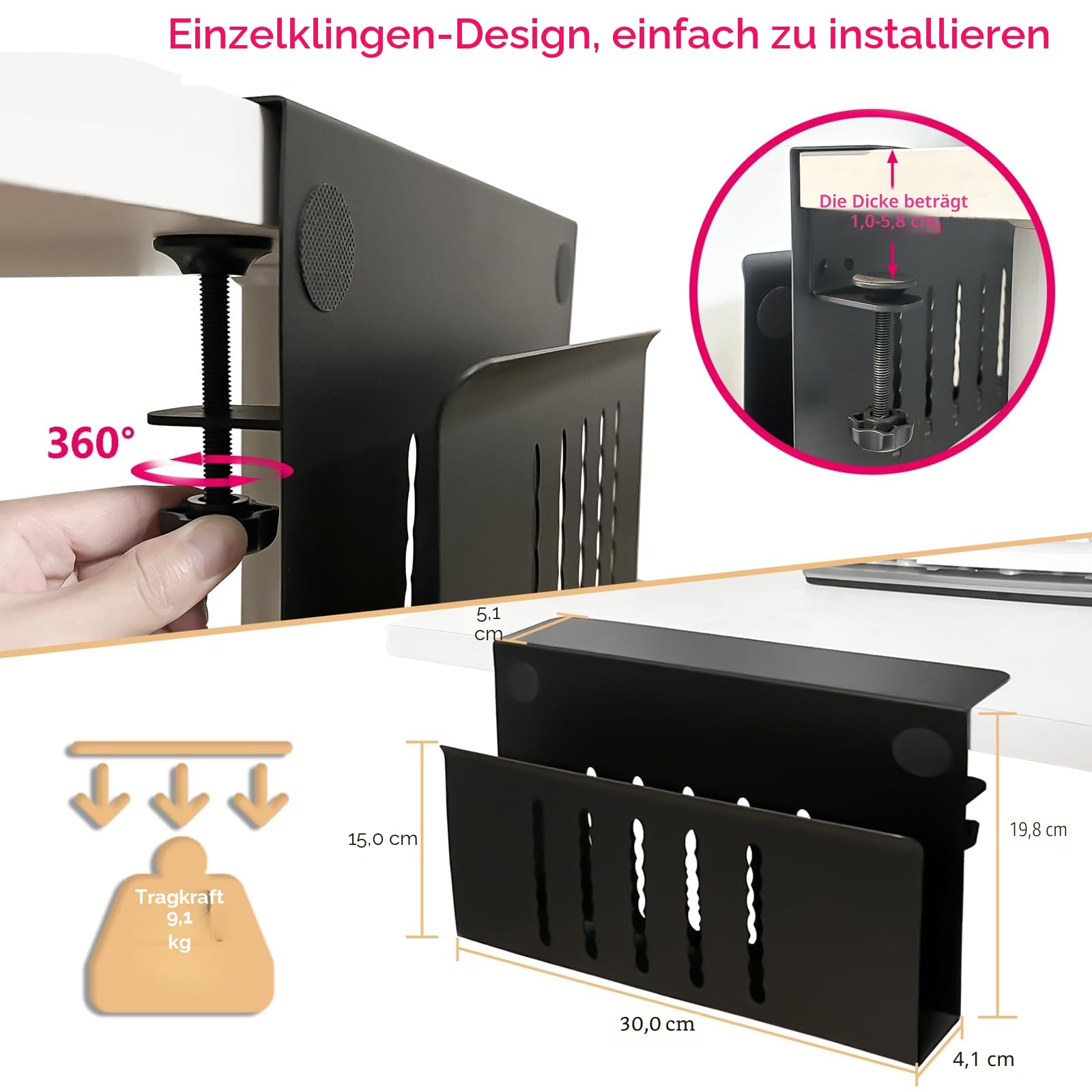 Desk Side Storage, Under Desk Storage, No Drill Steel Hanging Desk Organizer, Laptop Holder, Desk Storage Holder für Büro & Haus (Schwarz)