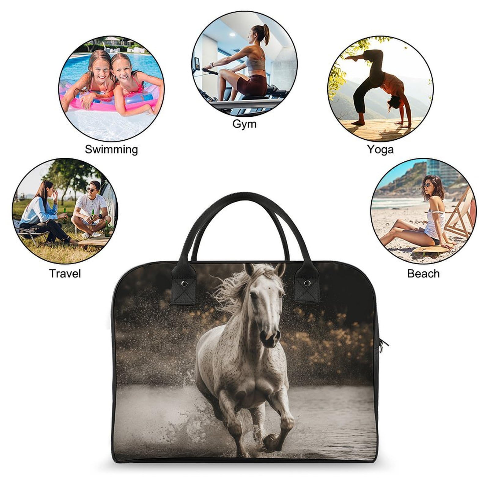 Multifunktionale Reisetasche, Pferdelaufen von The Water Print, Reisetasche, Handgepäcktasche, Übernachtungstasche, Wochenendtasche, Schwarz, Einheitsgröße