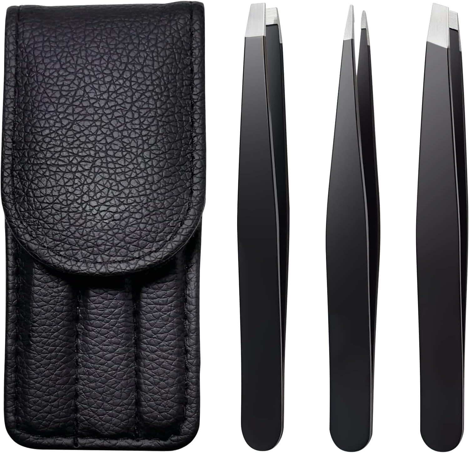 MAPPERZ Precision Tweezer Set with Leather Case – Stainless Steel Eyebrow Tweezers for Facial Hair Removal, Splinters, and Grooming – Slant, Pointed & Flat Tip – Pack of 1 (Black)-image-39