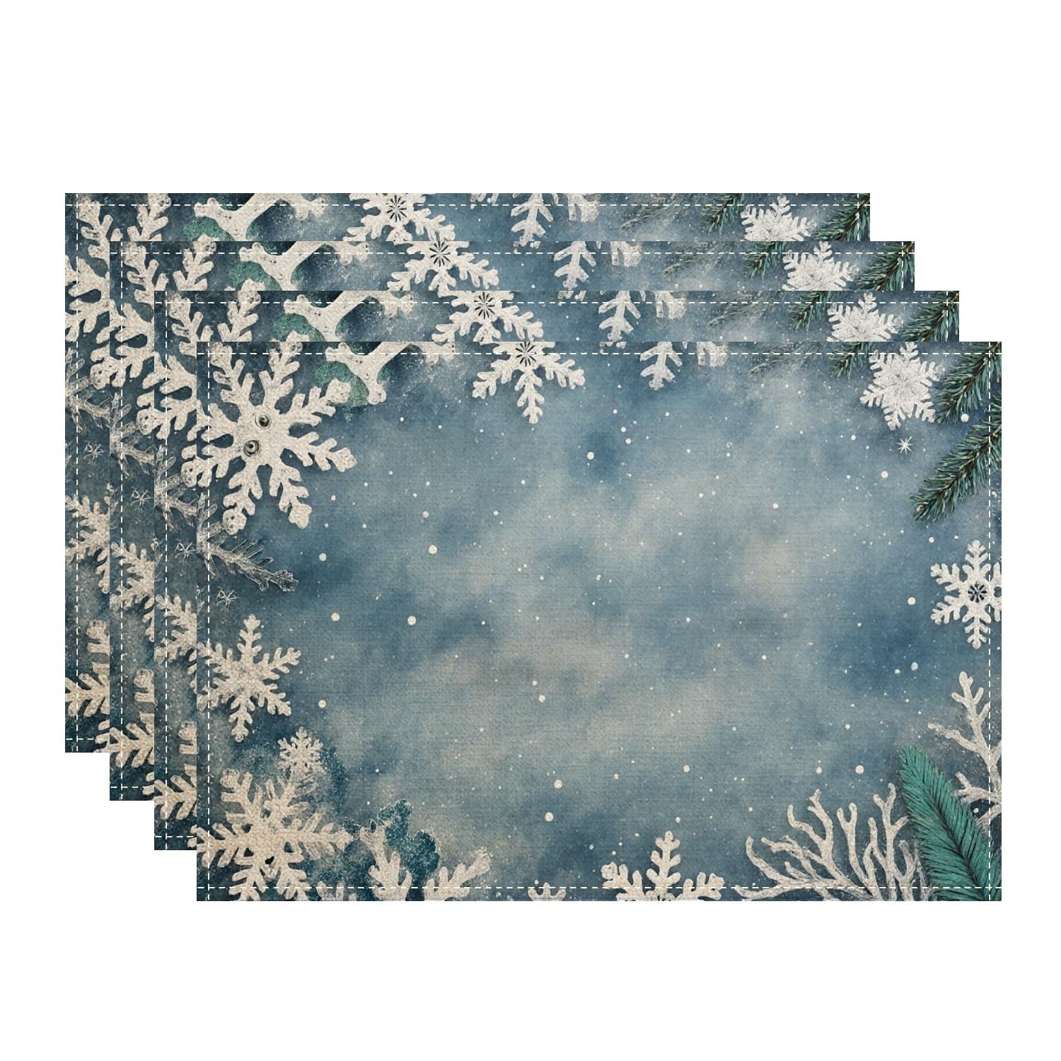 Winter Snowflake Placemats, Blue Rustic Floral Place Mats for Dining Table, Holiday Non-Slip Washable Indoor Outdoor Kitchen Party Decorative Placemat Set of 4