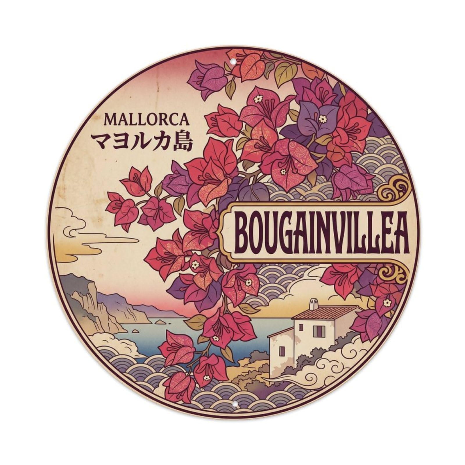 Mallorca Bougainvillea Coastal Travel Island Culture Metal Tin Sign
