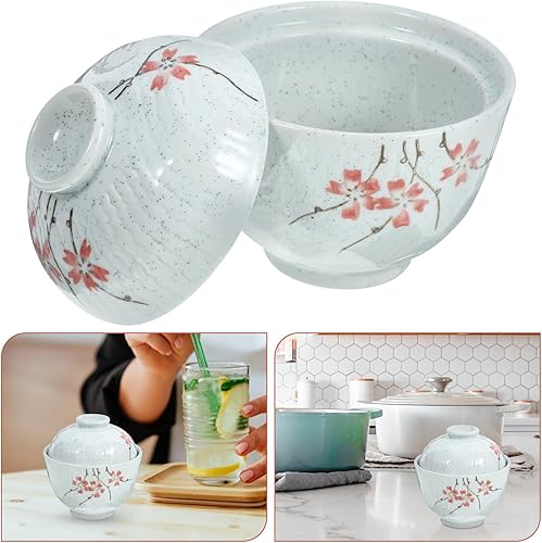 Miniatura 8 de Hemoton Cuenco de sopa Miso con tapa, cuenco de ramen de estilo japonés, cuenco de arroz de cerámica, olla de guisado de cerámica, cuenco de