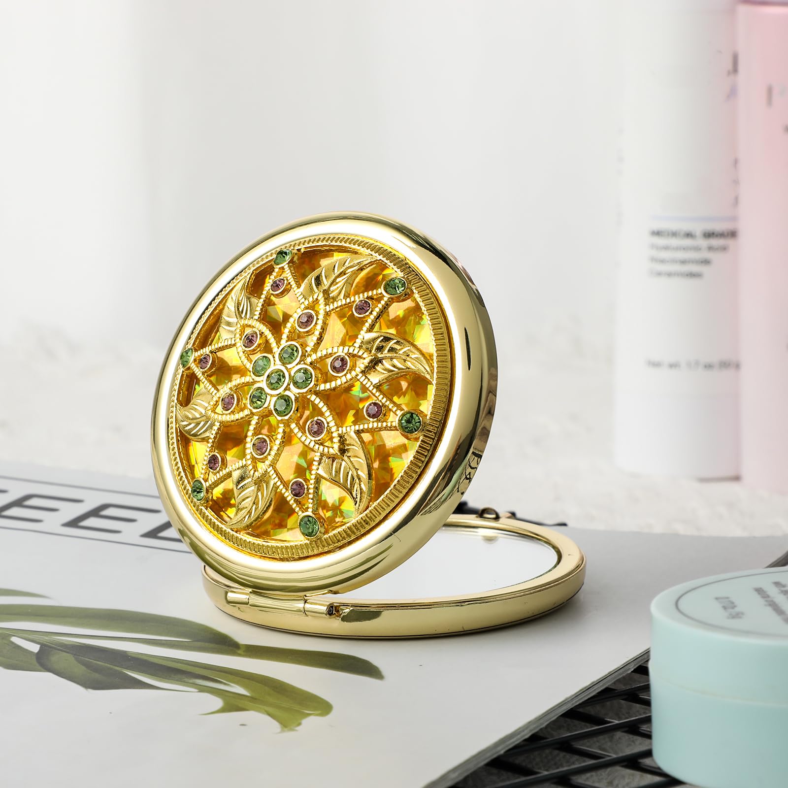 Sibba Espejo Cosmético Compacto Plegable de Mano 1X/2X con Aumento Redondo Mini Espejo de Bolsillo Estilo Palacio Espejo de Aspecto de Diamante Pequeño Reflector Portátil para Embellecer
