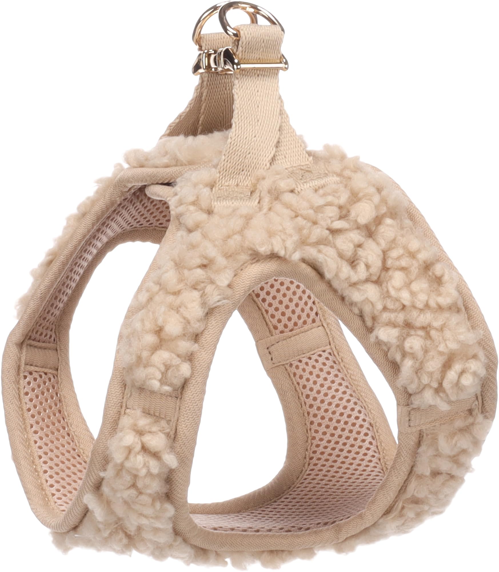 hundegeschirr - Flamingo Step&Go Pookie Beige S - A:30-35 cm B:37-40 cm x 5 mm - verstellbar - Metall Klickverschluss goldfarben - 2 Anti-Zug-Ringe - atmungsaktives Mesh