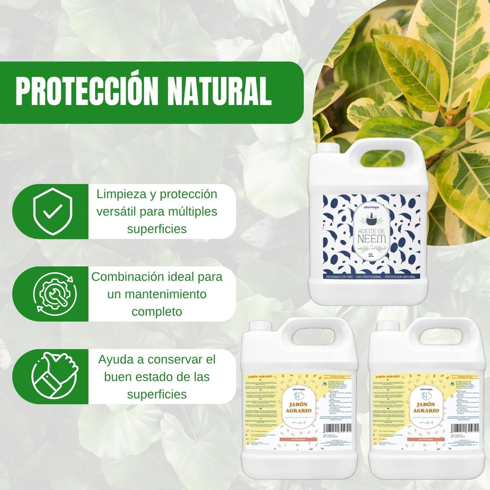 PLANTAWA Pack Jabón Potásico 2x5L + Aceite de Neem 2L | Solución Multiusos | Fácil Aplicación y Máxima Eficacia | Versátil | Uso en Interior y Exterior | Productos de origen natural