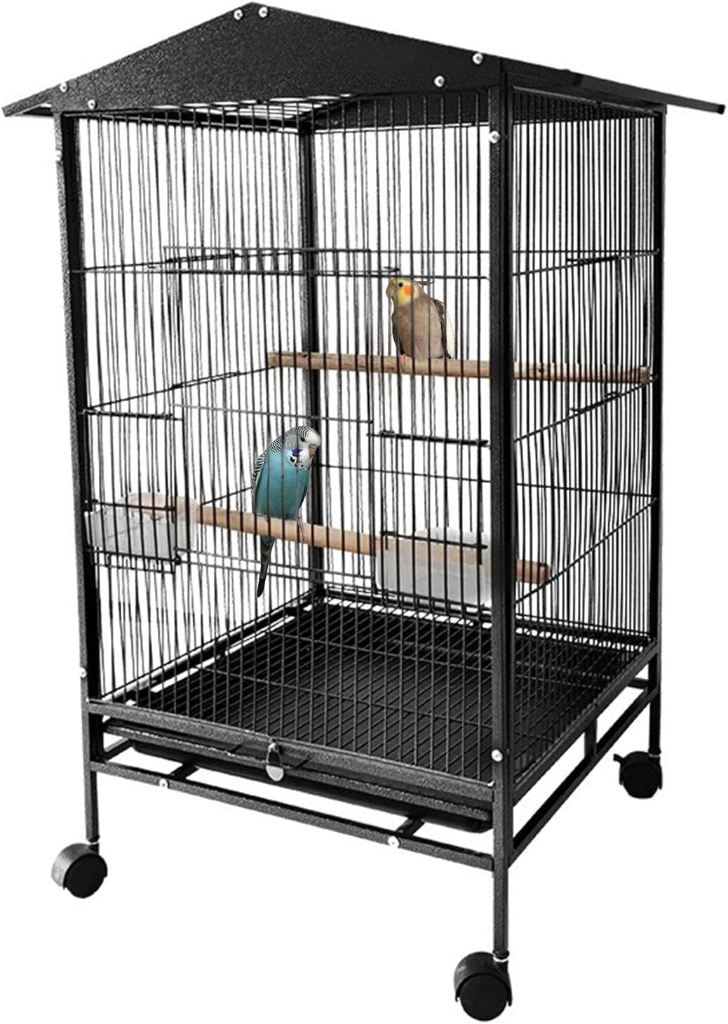 33 Inch Bird Cage with Wooden Perches, Standing Wrought Iron Birdcage with Wheels, Large Parrot Cage Bird Cages with Slide-Out Tray Water Bottle Feeder for Parakeets,Cockatiel, Canary,Pigeons