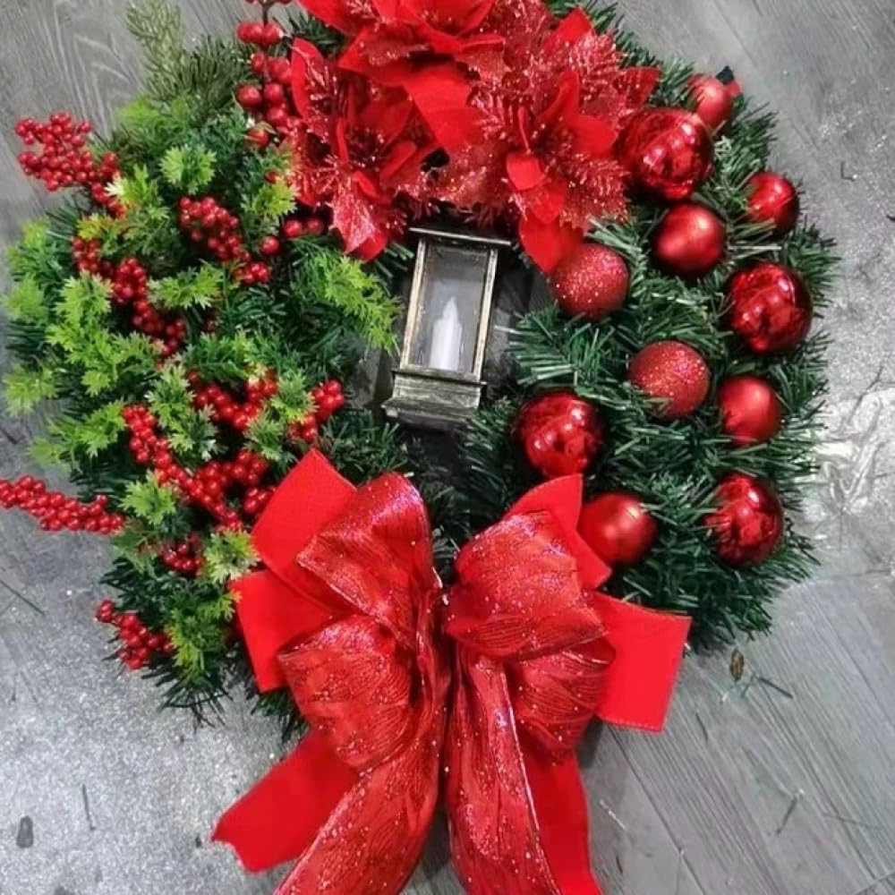 30cm クリスマスリース ランタン付き 玄関ガーランド 大きなリボン付き 季節の飾り 玄関ドアの壁用クリスマスデコレーション