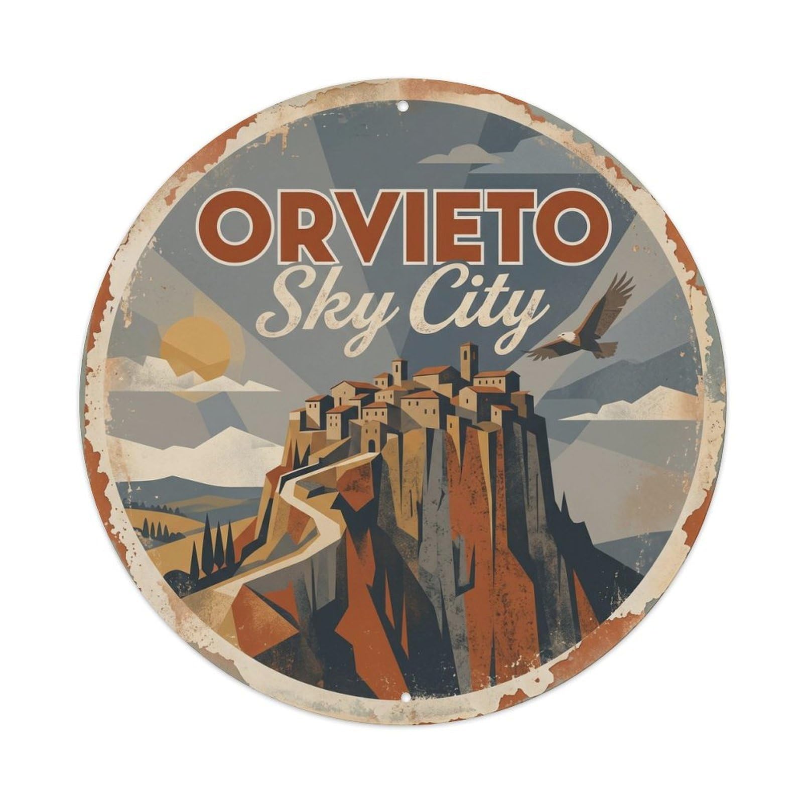 Fqcyn Style Vintage Travel Orvieto Cliff Italy Metal Tin Sign Plaque Wall Decor For Cafe, Club Bar, Office, Home Garden Round Metal Poster 8X8inch