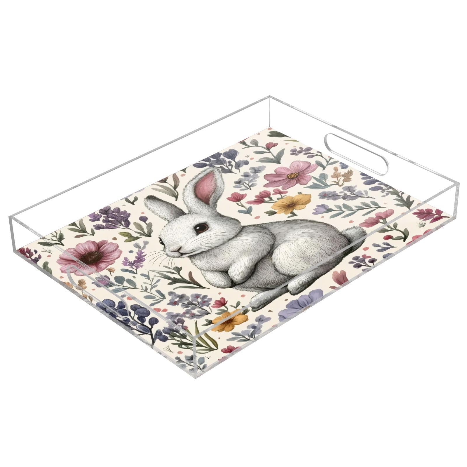 Msyxl Cute Rabbit Serving Tray for Coffee Table, Decorative Acrylic Tray Cute Rabbit Tray with with Handles for Breakfast, Ottoman, Countertop, 12x16 in