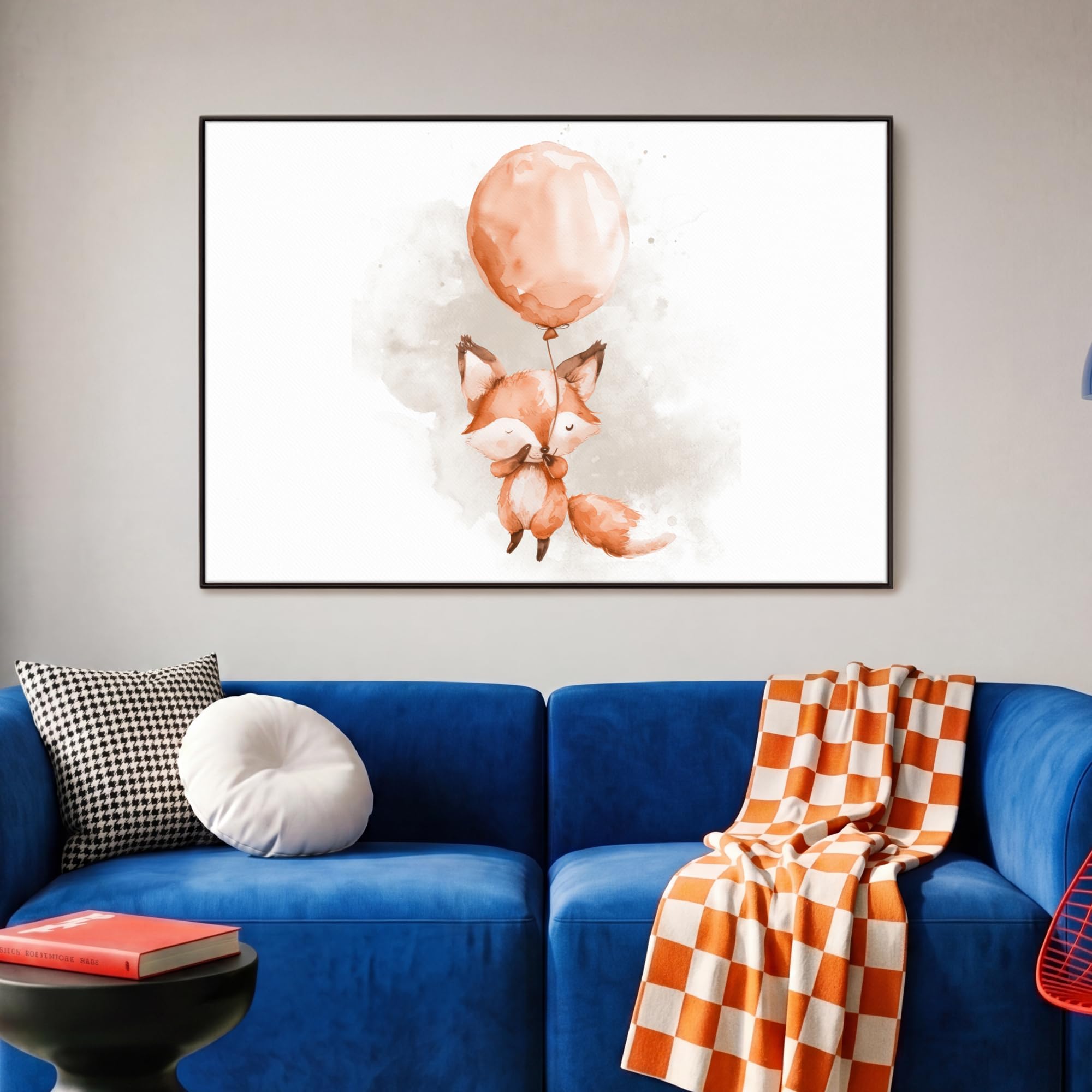OnlyWow© Bilder Mit Rahmen Für Wohnzimmer 90x60 cm Leinwandbilder Wall Art Decoration Wand Schlafzimmer Deko Canvas Painting Fuchs - Luftballon - Aquarell - Kinder - Mädchen